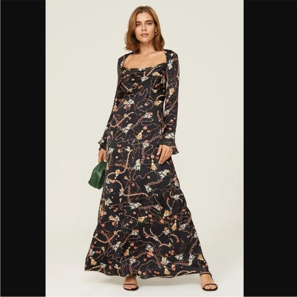 Fame and Partners Black Floral Maxi Gown Bell Sleeves, Queen Ann style neckline - Picture 1 of 13